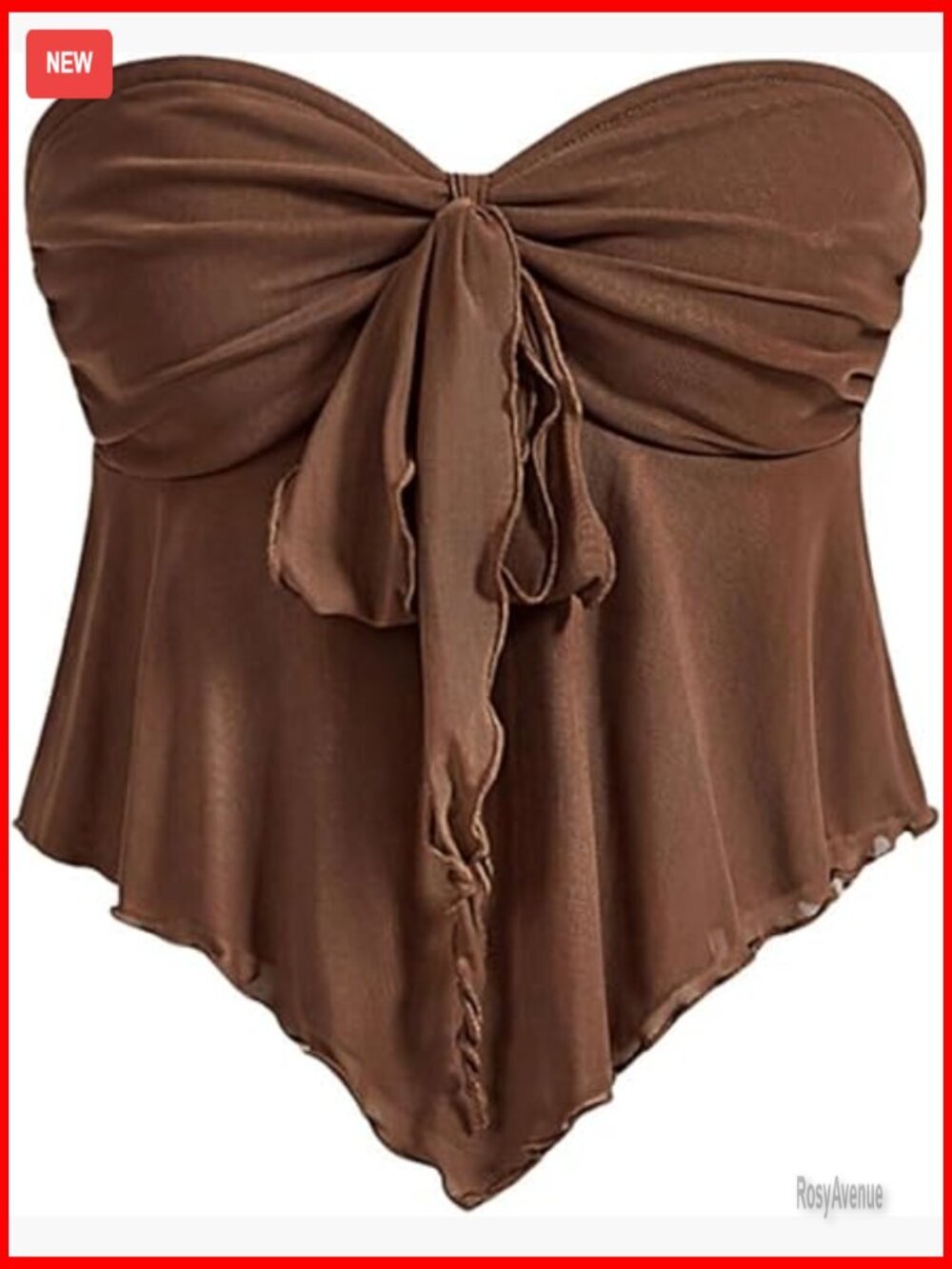 Strapless Tie Front Lettuce Trim Asymmetrical Flare Tube Top